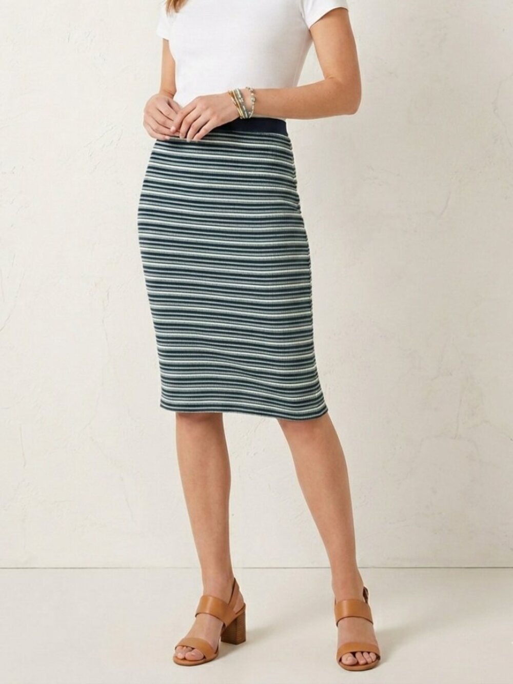 Ann Taylor Navy Blue Green Striped Pull-On Knit Pencil Skirt Size L